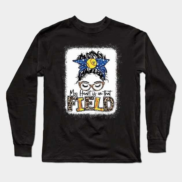 My heart is on that Field Softball Tee Leopard Softball Mom Long Sleeve T-Shirt by Wonder man 